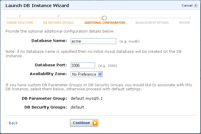 AWS Launch DB Instance Wizard
