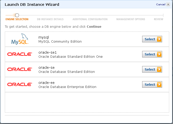 AWS Launch DB Instance Wizard