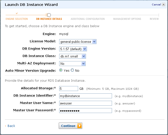 AWS Launch DB Instance Wizard