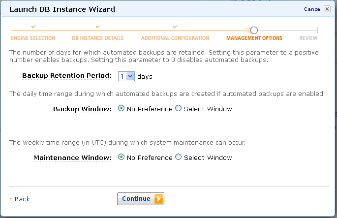 AWS Launch DB Instance Wizard