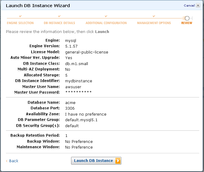 AWS Launch DB Instance Wizard