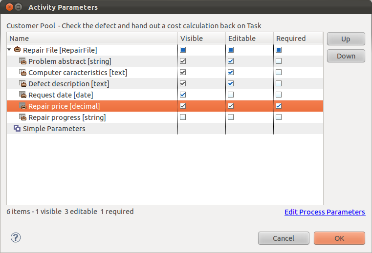 Set the Check the defect and hand out a cost calculation back Task parameters