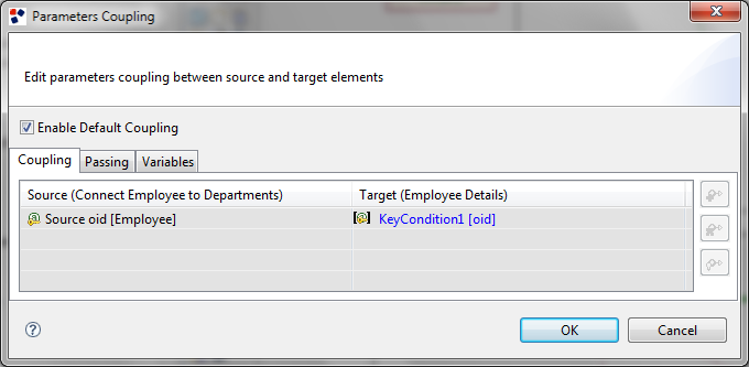 The Parameters Coupling window of the OK link