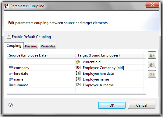 The Parameters Coupling window of the "Search" link
