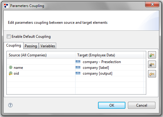 The Parameters Coupling window of the "Companies data passing" link